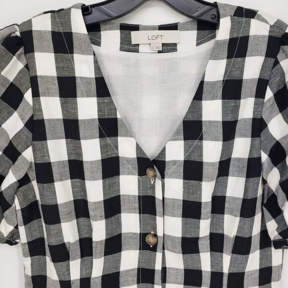 LOFT Gingham Plaid Button Down Dress 6 Short Puff Sleeves Linen Black White - Picture 8 of 11